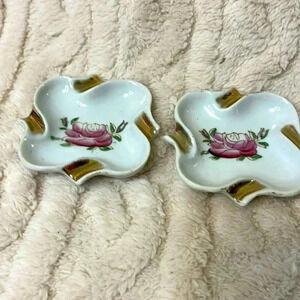 Two Rose White Green Gold Made in Occupied Japan Ashtrays